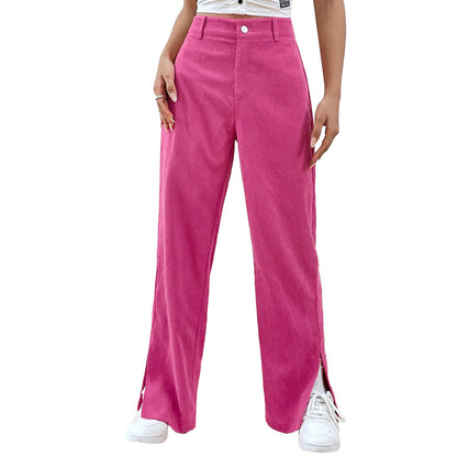 High-Waist Straight-Leg Corduroy Pants with Side Slits