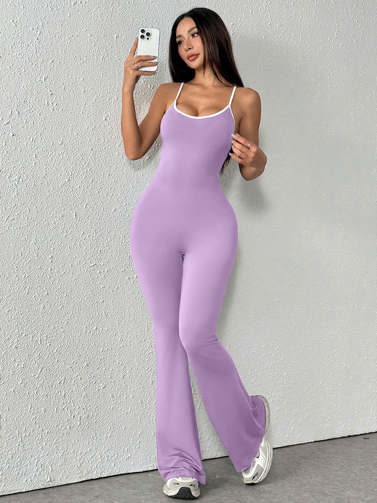 Bodycon Flared Jumpsuit with Backless Detail and Contrast Trim