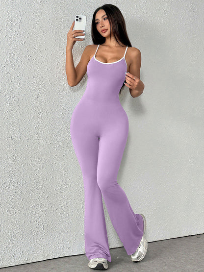 Bodycon Flared Jumpsuit with Backless Detail and Contrast Trim