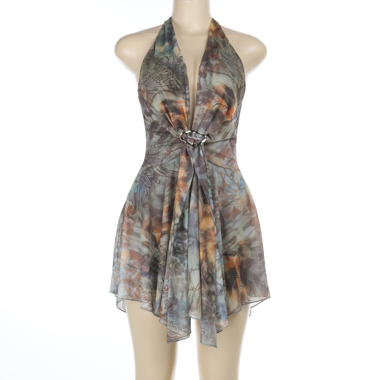 Deep V Lace-Up Backless Halter Dress Asymmetrical Printed Short Skirt