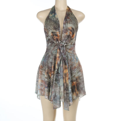Deep V Lace-Up Backless Halter Dress Asymmetrical Printed Short Skirt