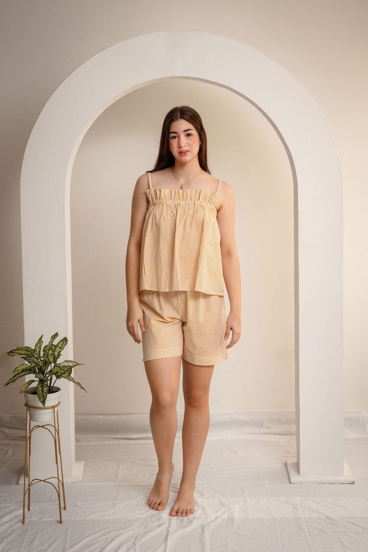 Striped Cami Pajama Set with Ruffled Neckline and Shorts