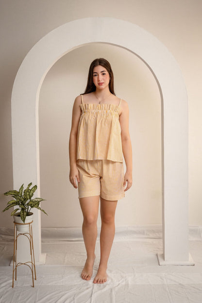 Striped Cami Pajama Set with Ruffled Neckline and Shorts