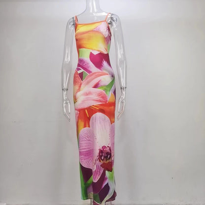 Floral Print Bodycon Maxi Dress with Backless Detail