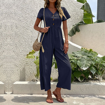 High-Waist Cropped Jumpsuit with V-Neck and Puff Sleeves