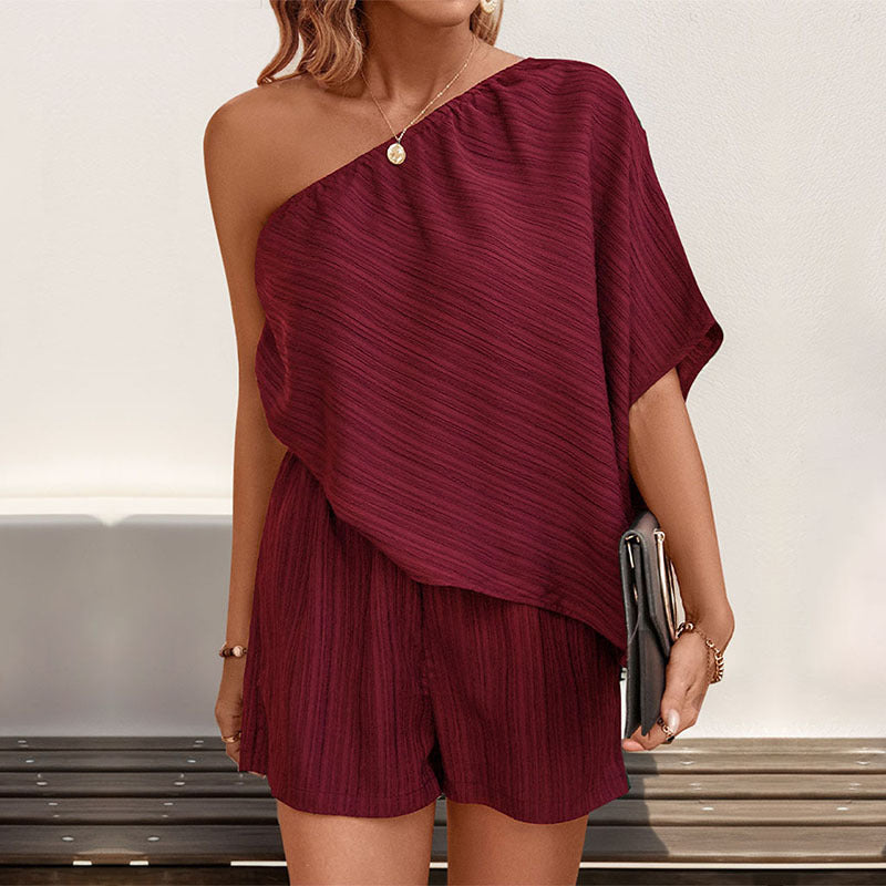 Textured One-Shoulder Shorts Set with Batwing Sleeve