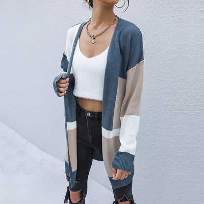 Color-Blocked Longline Cardigan with Open Front