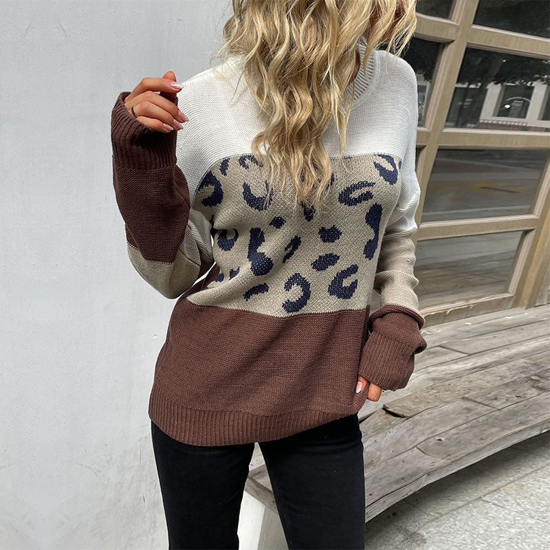Leopard Print Color-Block Knit Sweater with Crewneck