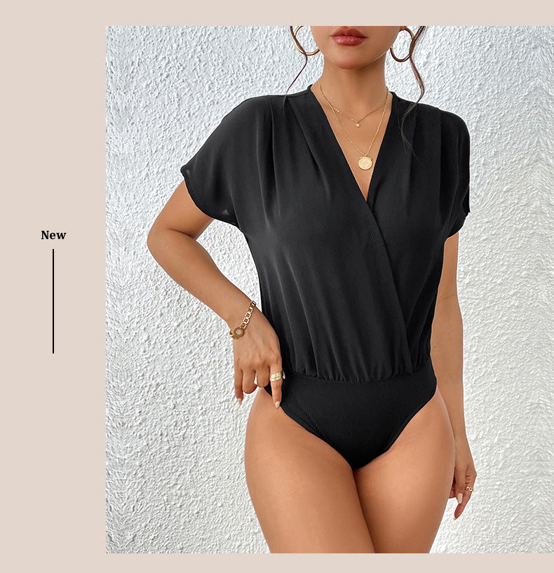 Draped Wrap Front Bodysuit with V-Neck and Dolman Sleeves