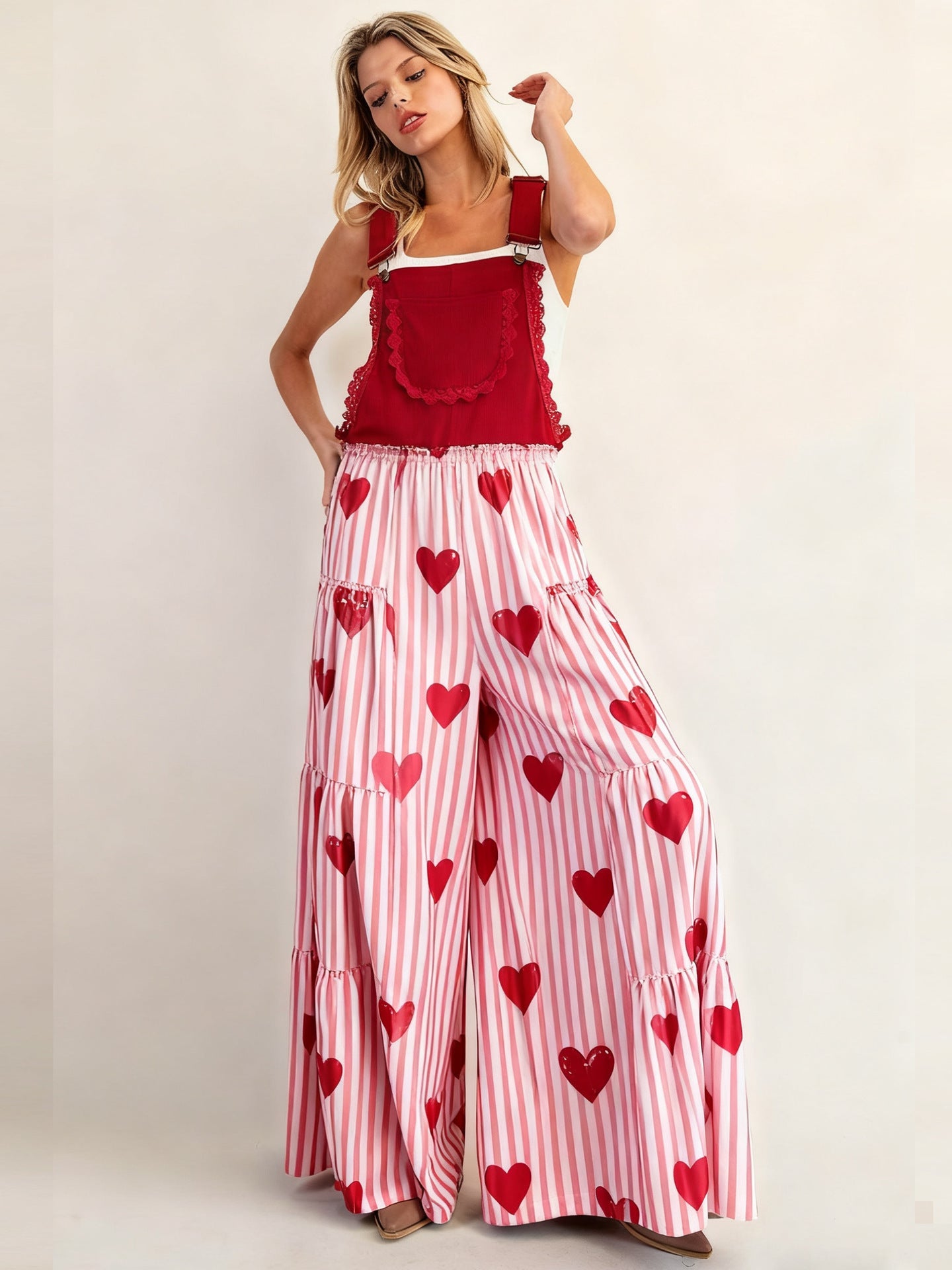 Tiered Heart Print Wide-Leg Overalls with Bib Front