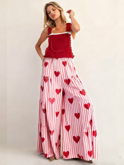 Tiered Heart Print Wide-Leg Overalls with Bib Front