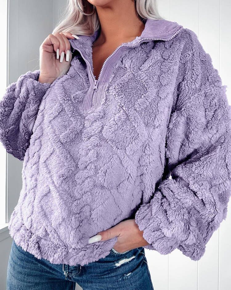Quilted Plush Pullover with Half-Zip Stand Collar