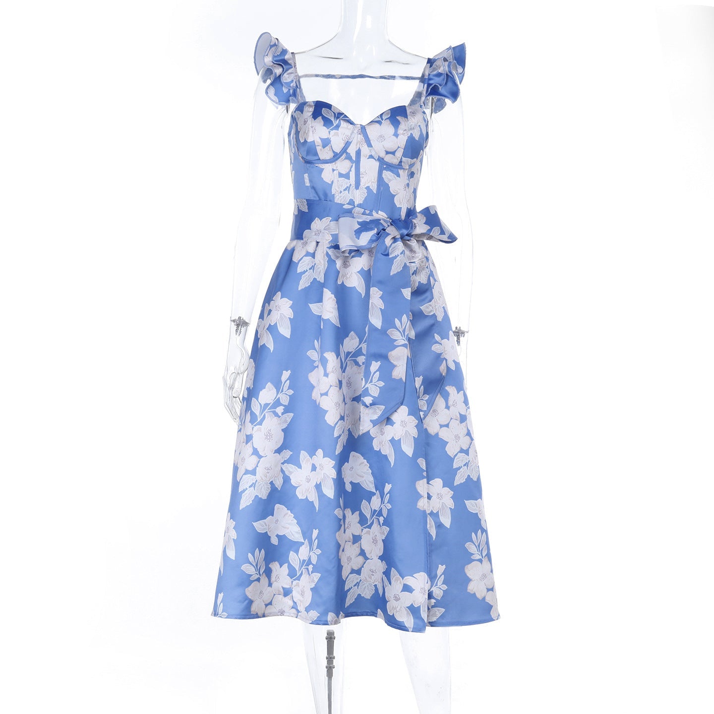 Floral Print A-Line Midi Dress with Ruffled Straps and Front Slit