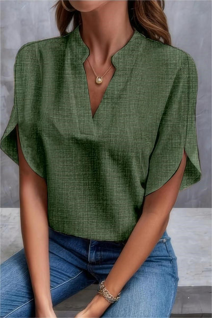 Solid Blouse with V-Neck and Split Short Sleeves