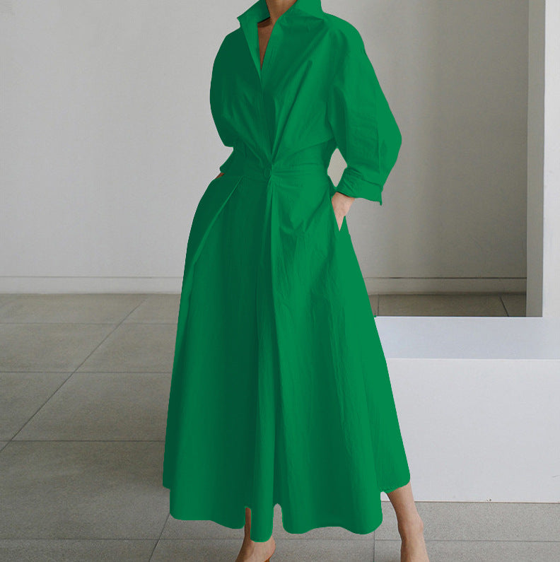 Polka Dot Maxi Shirt Dress with Nine-Quarter Sleeves