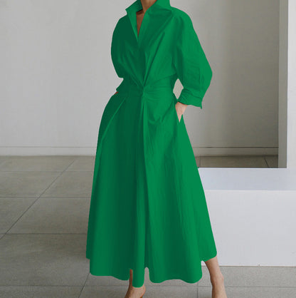 Polka Dot Maxi Shirt Dress with Nine-Quarter Sleeves