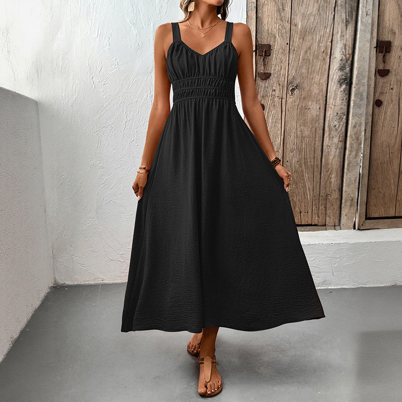 Solid A-Line Strap Dress with V-Neck and Shirred Waist