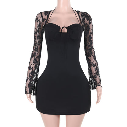 Bodycon Mini Dress with Floral Lace Sleeves and Lace-Up Back