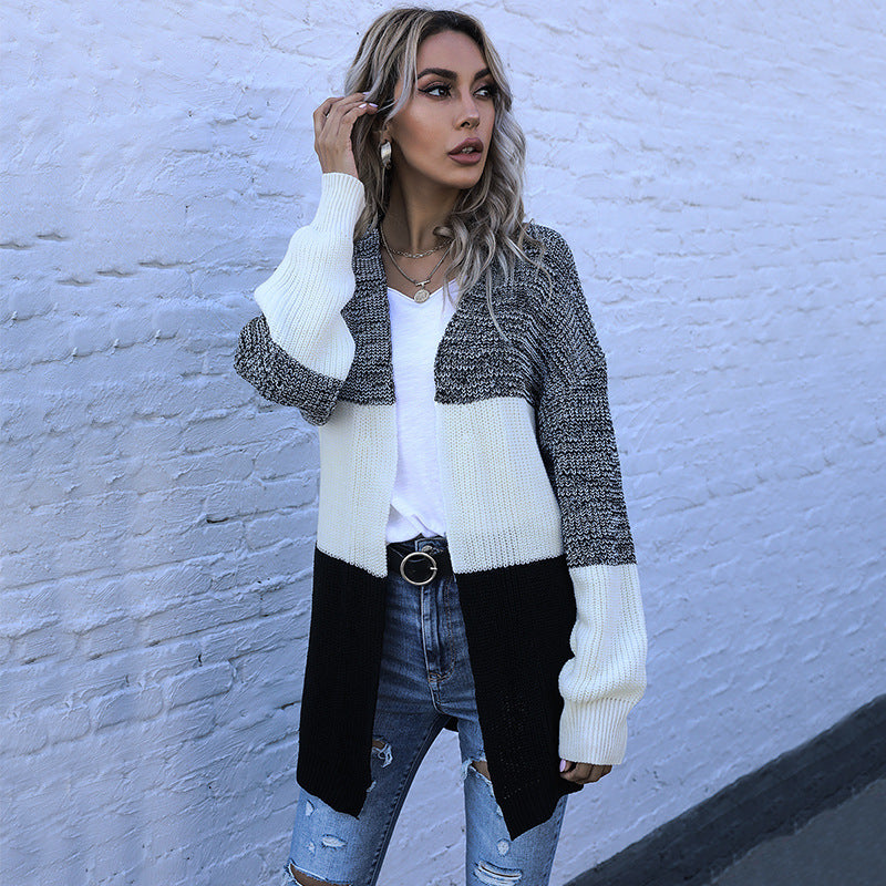 Color-Blocked Knit Cardigan with Open Front and Long Sleeves