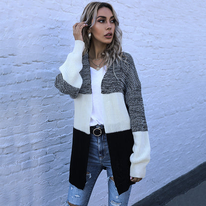 Color-Blocked Knit Cardigan with Open Front and Long Sleeves