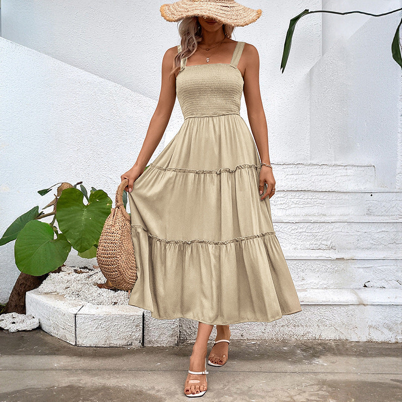 Solid A-Line Midi Dress with Smocked Bodice & Tiered Skirt