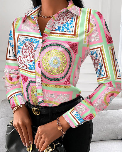 Scarf Print Long Sleeve Button-Down Shirt with Lapel