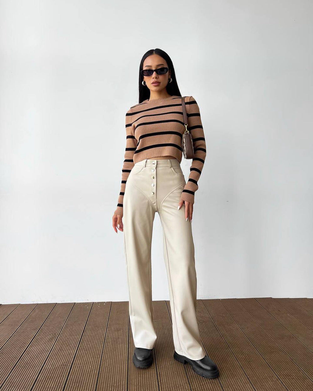 Straight-Leg PU Leather Pants with Exposed Button Fly