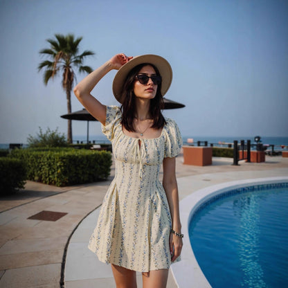 Floral A-Line Mini Dress with Puff Sleeves and Tie Front