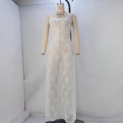 Sheer Floral Lace Sheath Maxi Dress with Spaghetti Straps