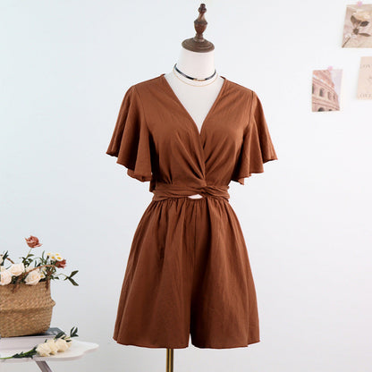 Wide-Leg Romper with V-Neck and Flutter Sleeves