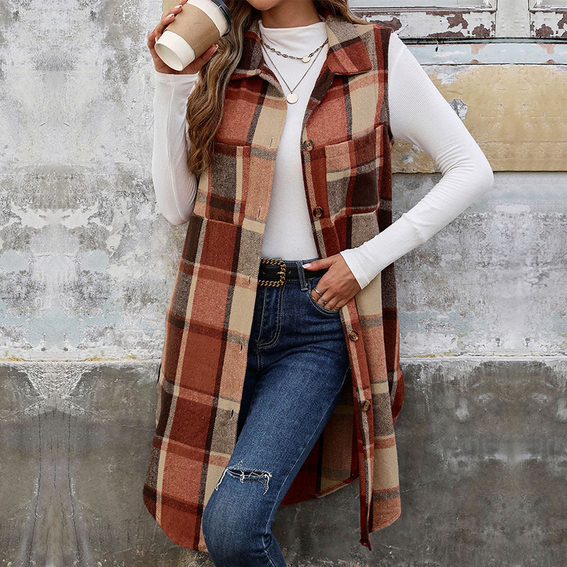 Plaid Longline Vest with Lapel Collar and Button Front