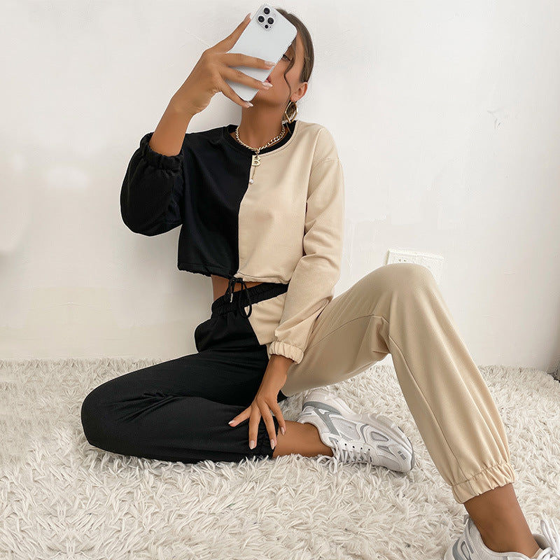 Color-Block Two-Piece Set with Cropped Sweatshirt and Joggers
