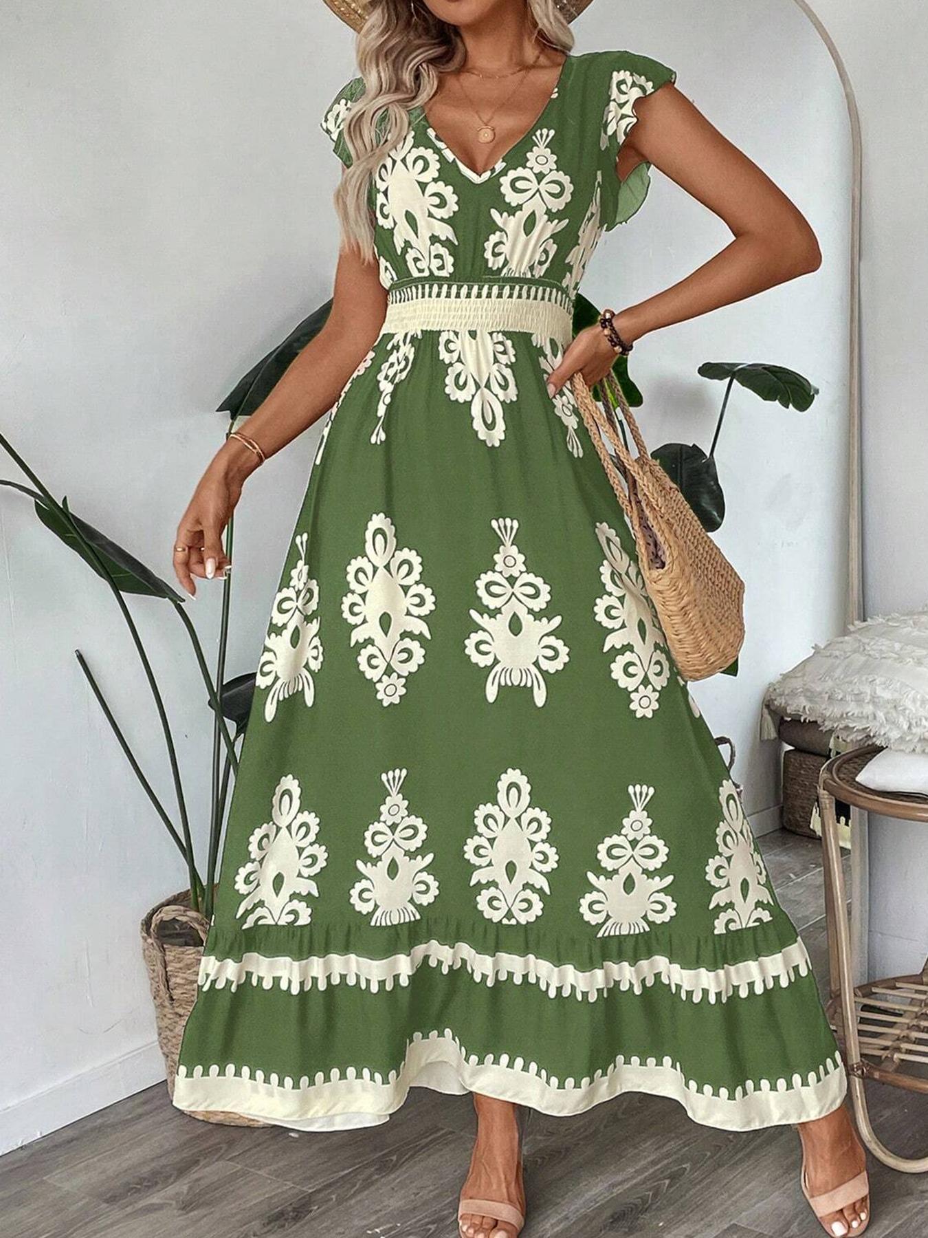 Printed A-Line Maxi Dress with V-Neck