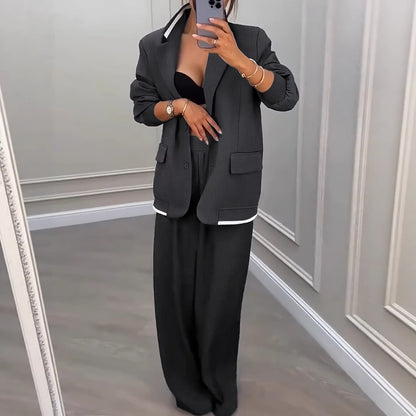 Oversized Blazer and Wide-Leg Trousers Suit Set with Contrast Trim