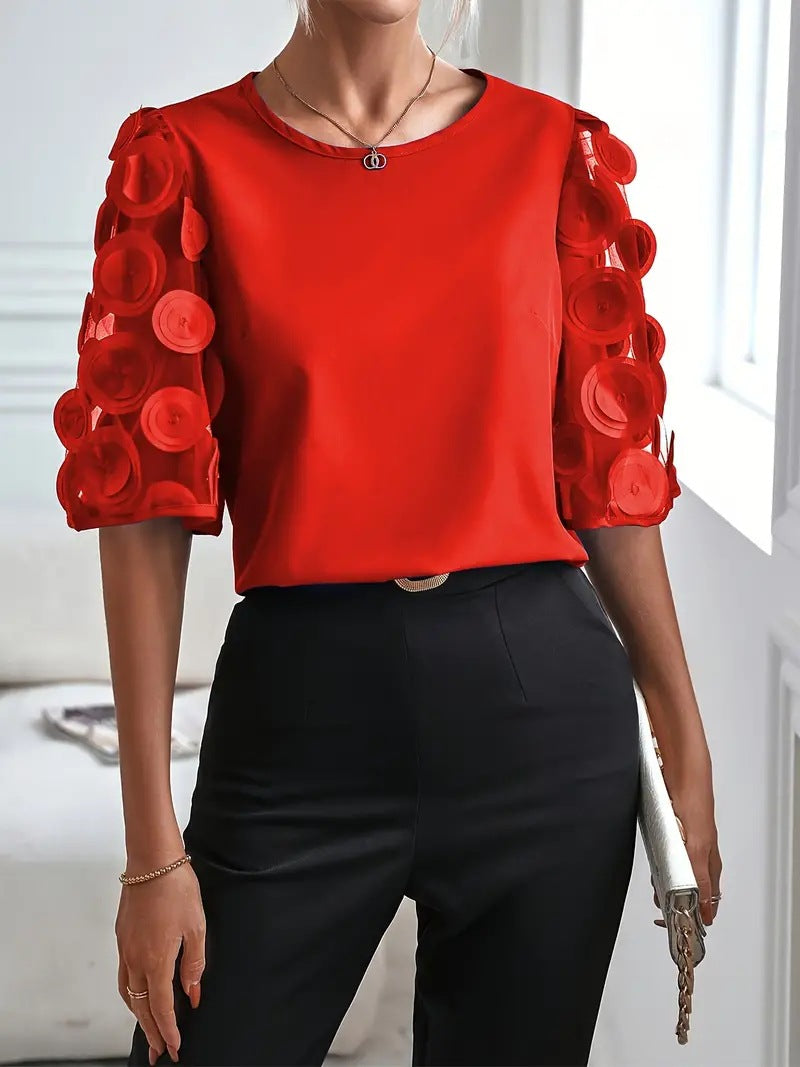 Solid Round Neck Blouse with Mesh Circular Applique Sleeves