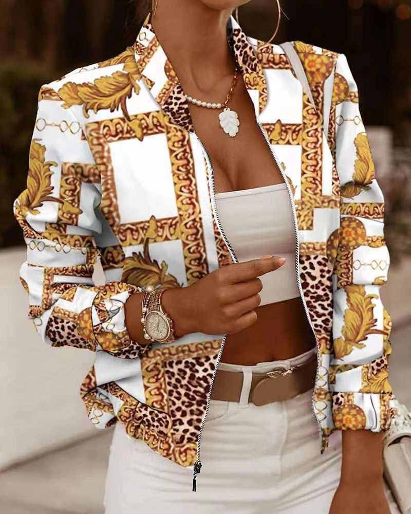 Collarless Printed Bomber Jacket with Zipper Front