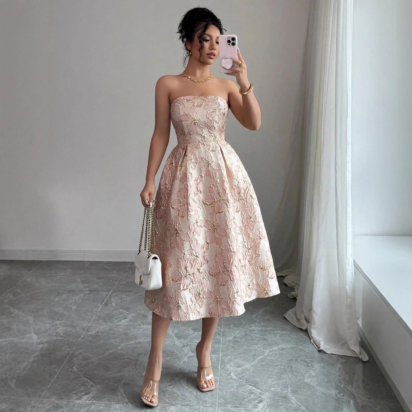 Strapless Floral Jacquard A-Line Dress with High Waist