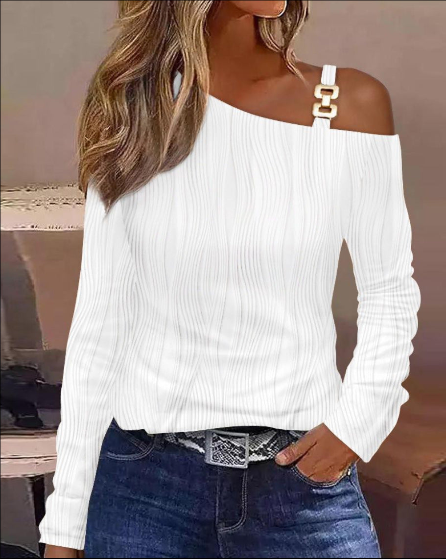 Animal Print Long Sleeve Top with Oblique Collar and Metal Buckle