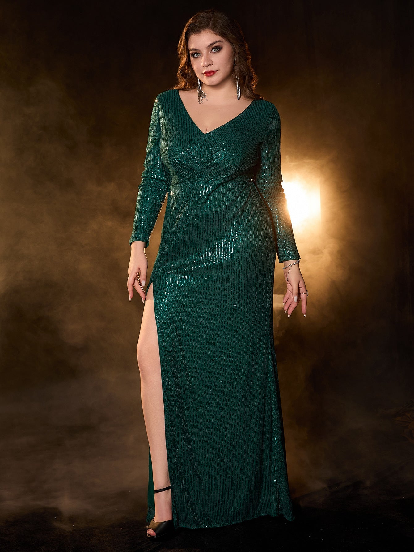 Sequined Maxi Dress with V-Neck and High Slit