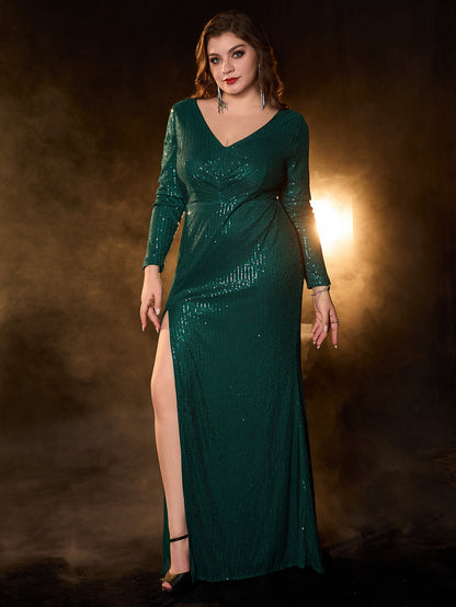 Sequined Maxi Dress with V-Neck and High Slit