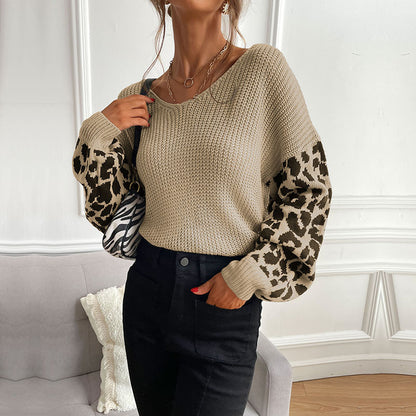 Loose Knit Pullover with Leopard Print Sleeves and V-Neck