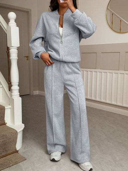 Solid Knit Tracksuit with Full-Zip Jacket and Wide-Leg Pants