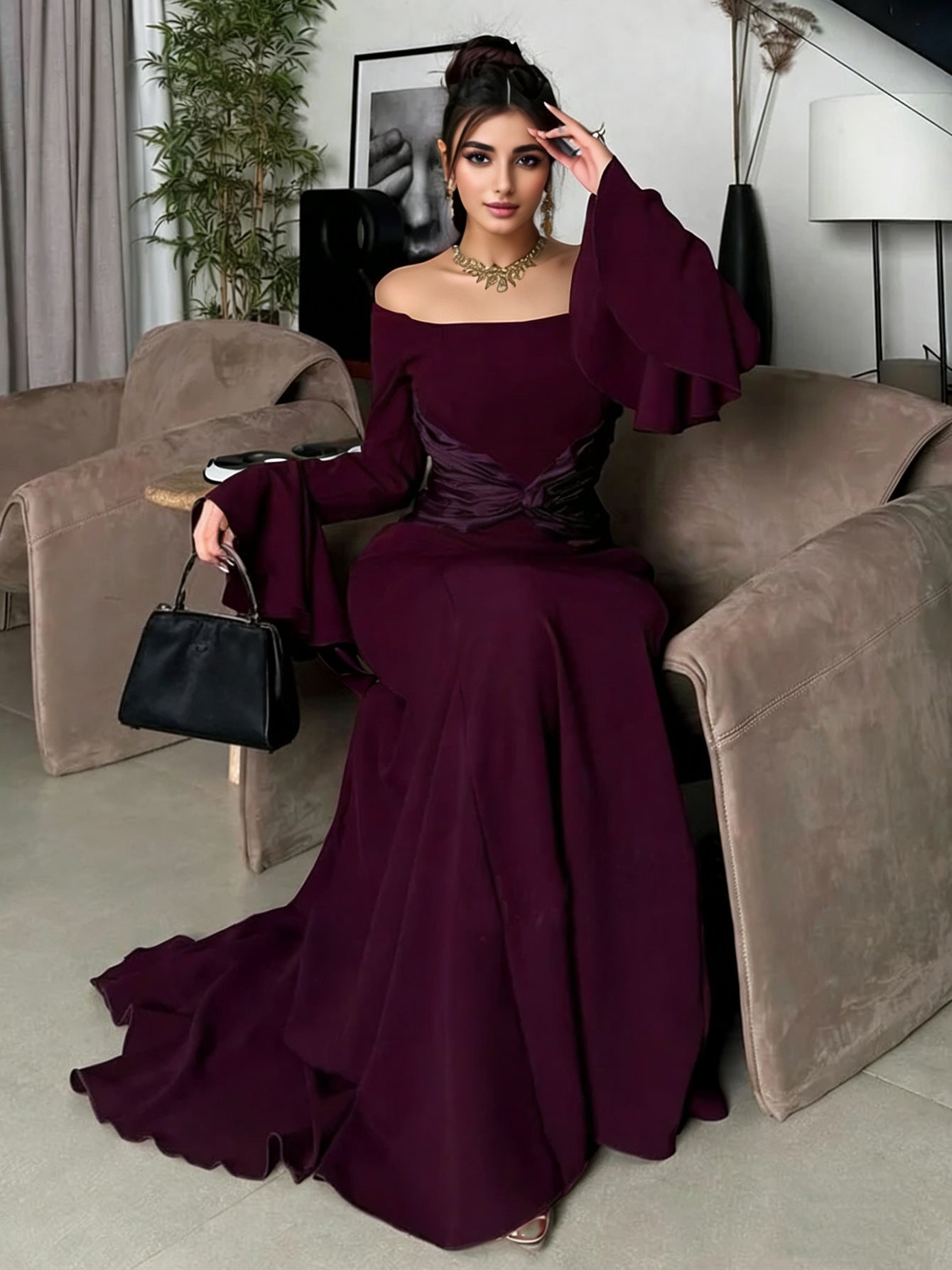 Sheath Maxi Dress with Off-Shoulder & Trumpet Sleeves
