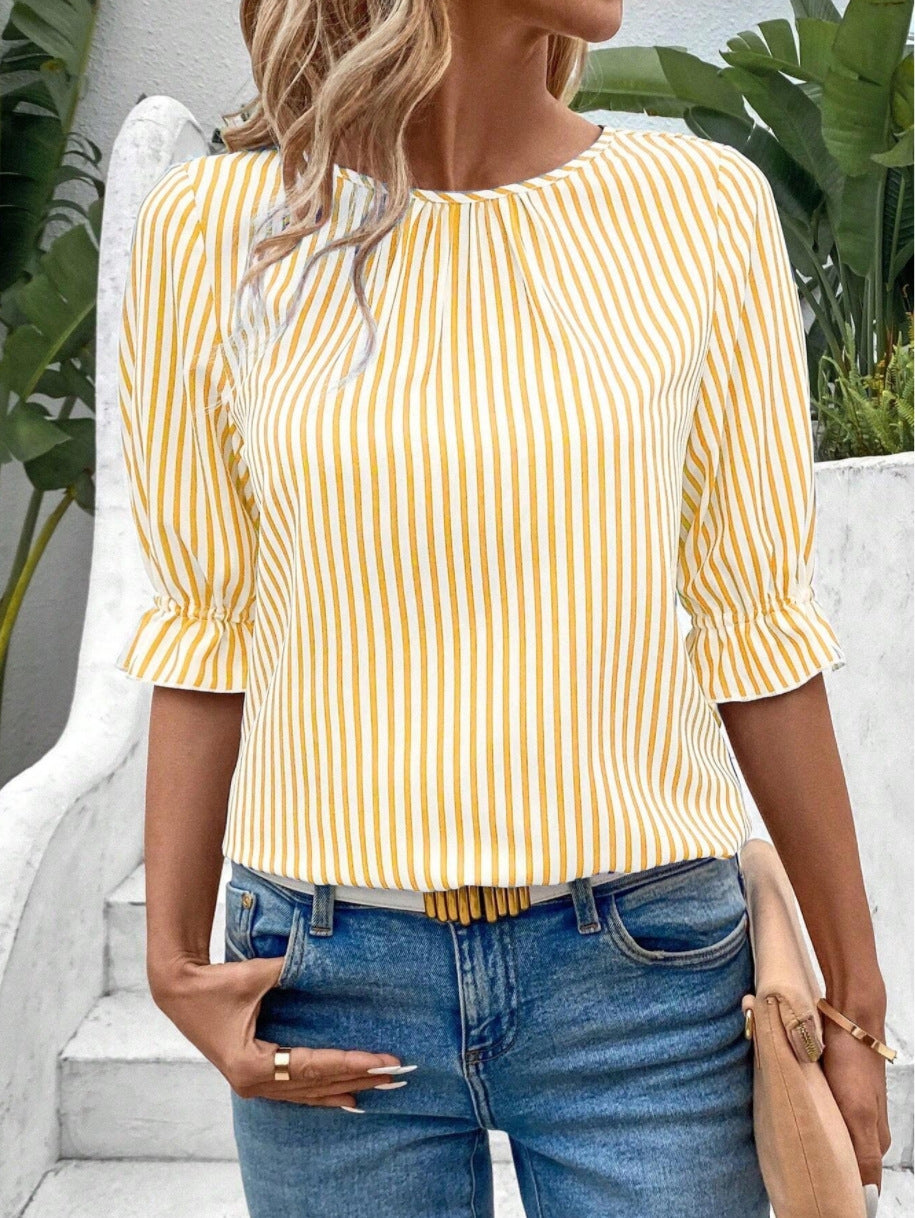 Striped Blouse with Gathered Crewneck and Ruffled Cuffs