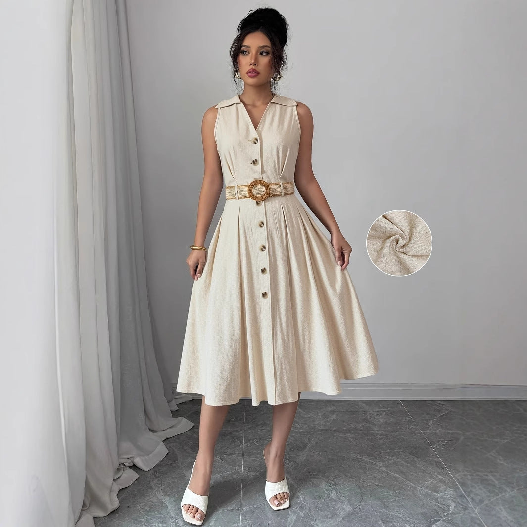A-Line Midi Dress with Buttoned Front and Belted Waist