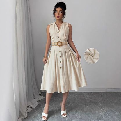 A-Line Midi Dress with Buttoned Front and Belted Waist