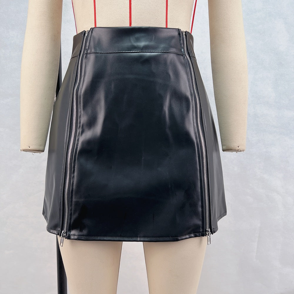 High-Waist A-Line PU Mini Skirt with Double Front Zippers