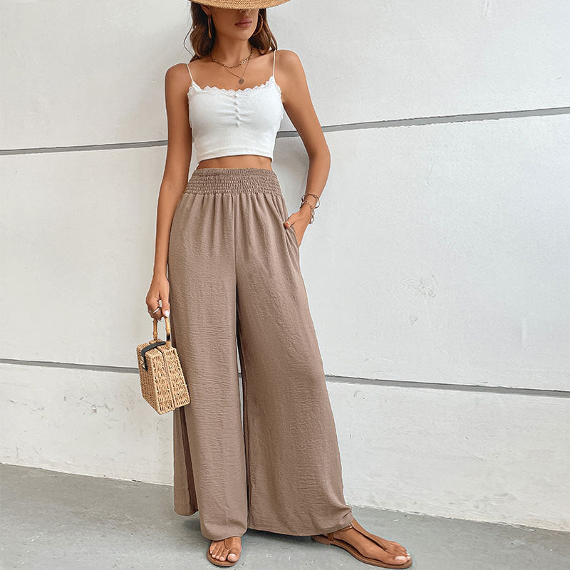 Casual Wide-Leg Pants with High Smocked Waist