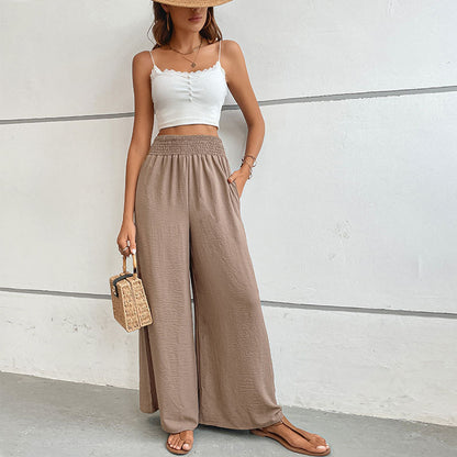 Casual Wide-Leg Pants with High Smocked Waist
