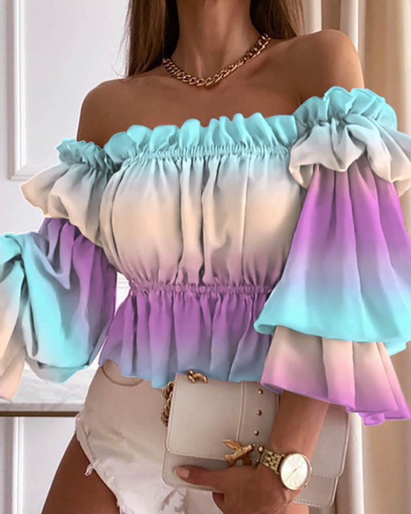Printed Off-the-Shoulder Blouse with Peplum Hem